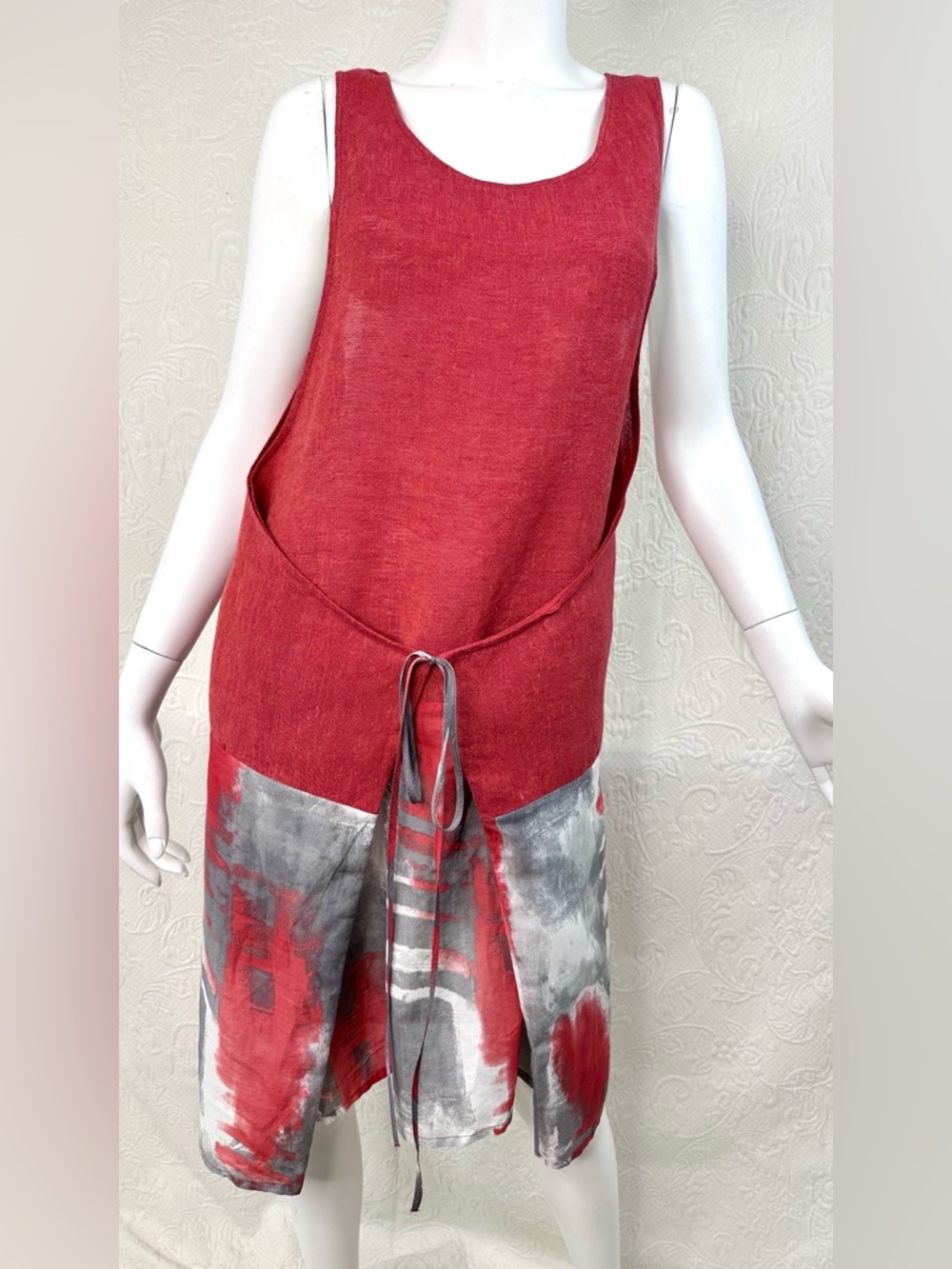 Crea Concept Abstract Rust Gray Linen Silk Cotton Sleeveless Over-Dress